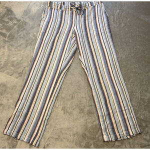 Per Se Blue Striped Linen Blend High Boho Straight Trouser Womens Pants Size M